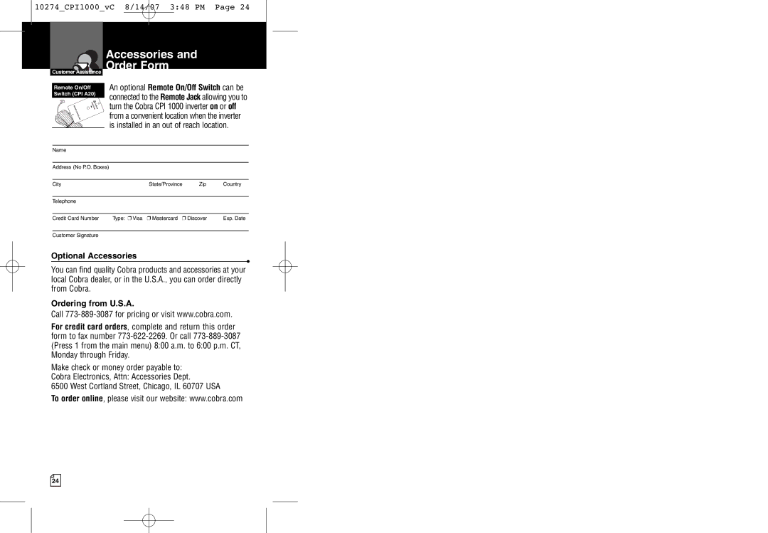 Cobra Electronics CPI 1000 Accessories Order Form, Optional Accessories, West Cortland Street, Chicago, IL 60707 USA 