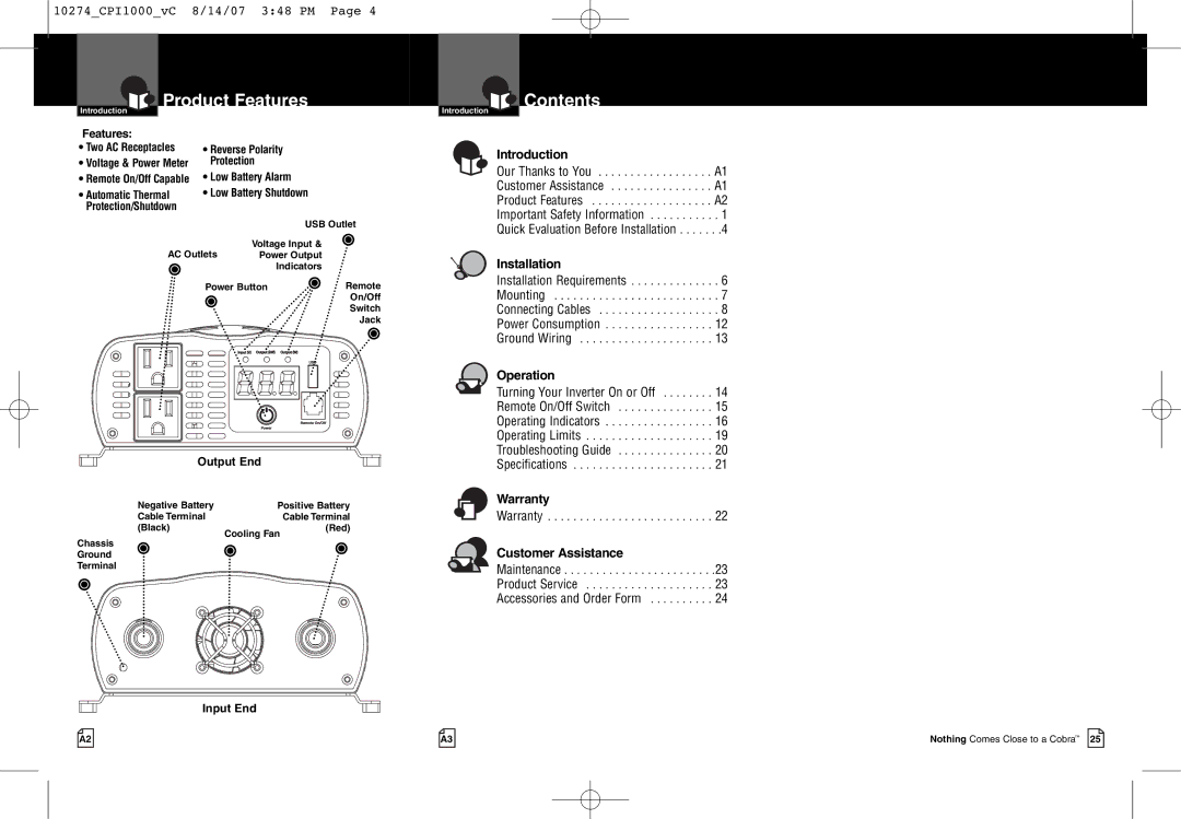 Cobra Electronics CPI 1000 warranty Product Features, Contents 