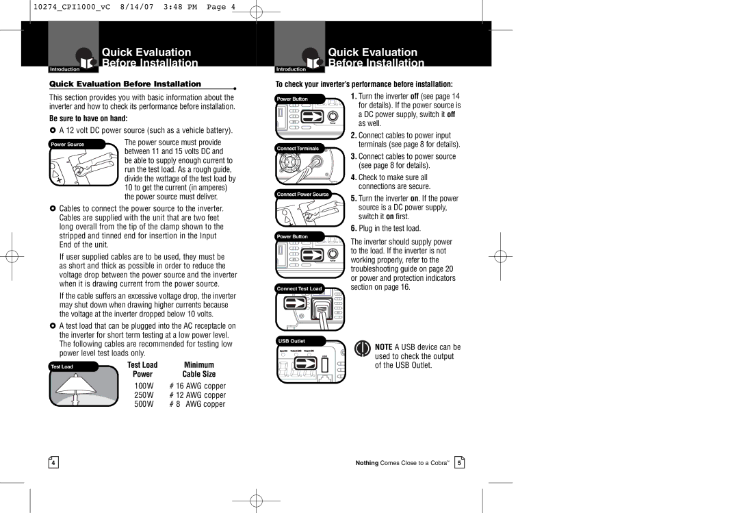 Cobra Electronics CPI 1000 Quick Evaluation Before Installation, To check your inverter’s performance before installation 