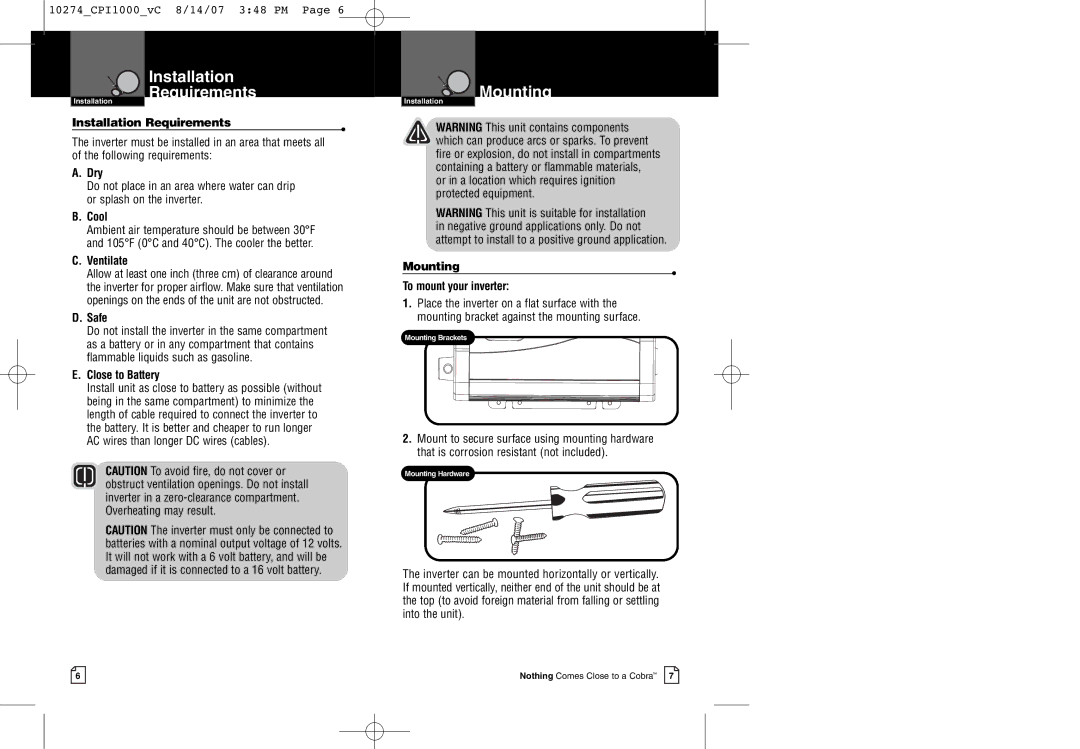 Cobra Electronics CPI 1000 warranty Installation Requirements, Mounting 