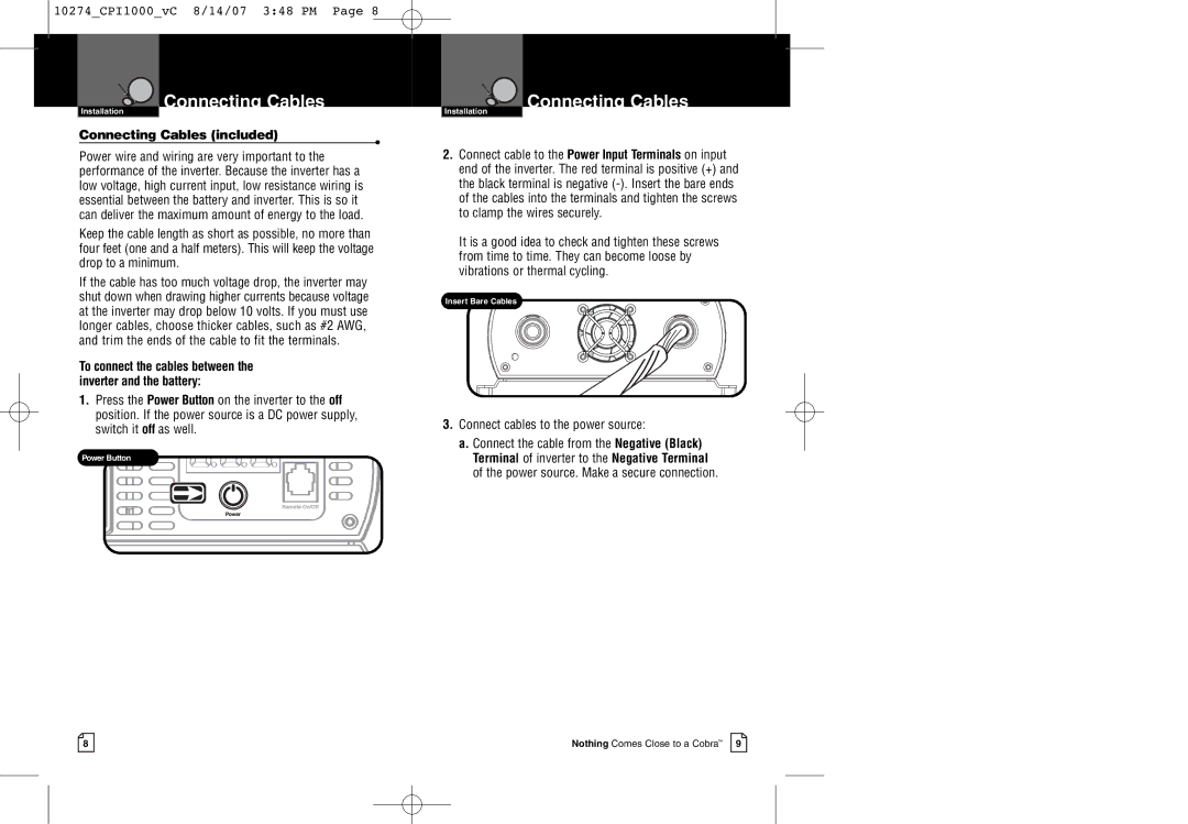 Cobra Electronics CPI 1000 warranty Connecting Cables included, Connect cables to the power source 