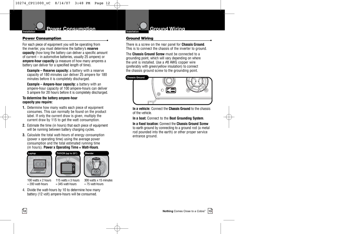 Cobra Electronics CPI 1000 warranty Power Consumption, Ground Wiring 