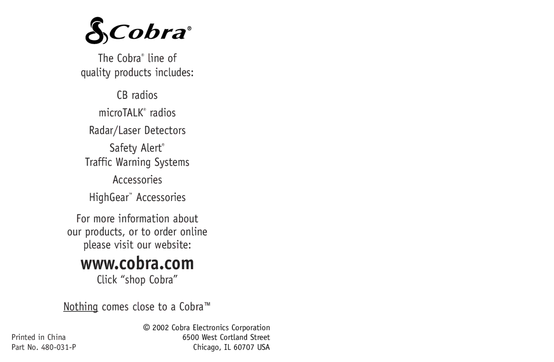 Cobra Electronics CPI 150 operating instructions West Cortland Street 