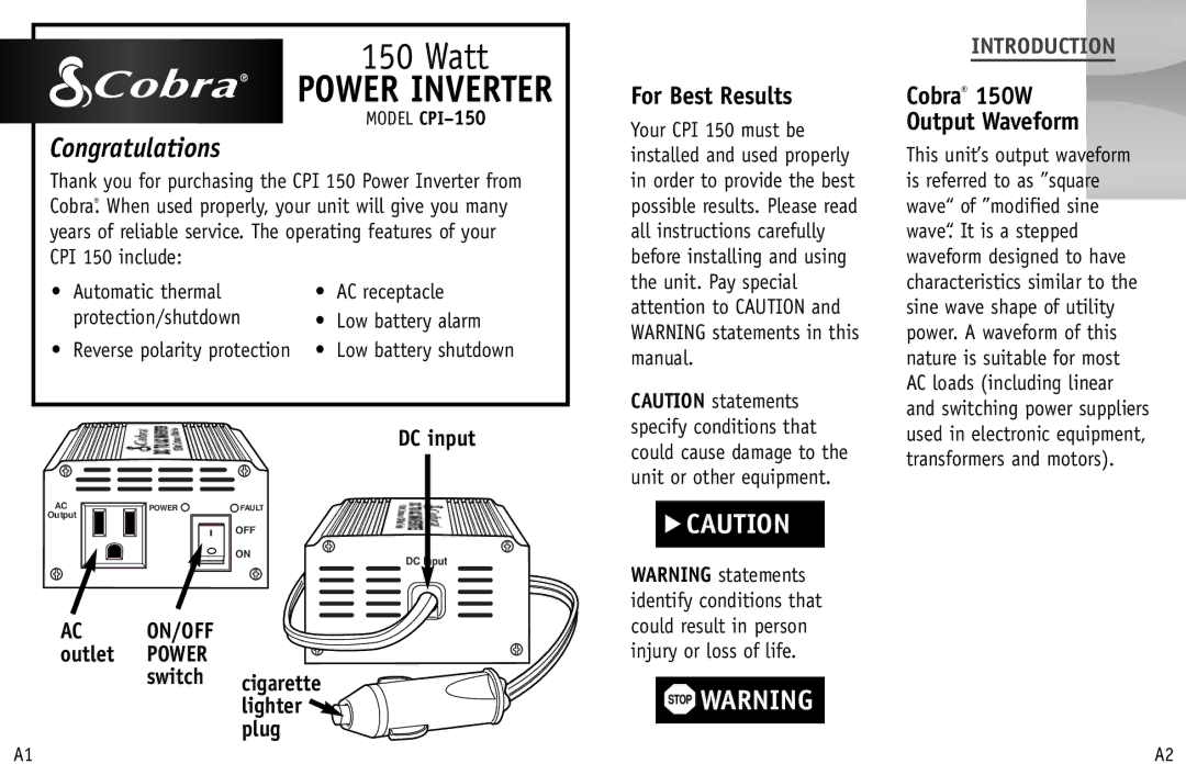 Cobra Electronics CPI 150 operating instructions For Best Results, Cobra 150W Output Waveform, Introduction 