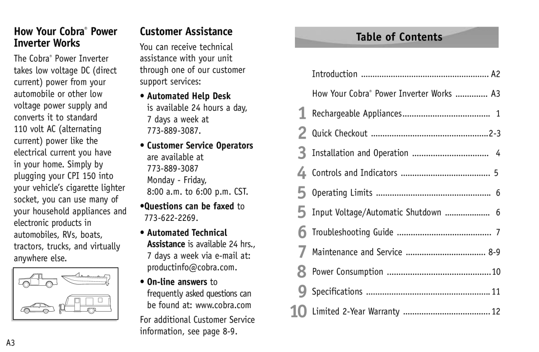 Cobra Electronics CPI 150 operating instructions Inverter Works, Customer Assistance, Table of Contents 