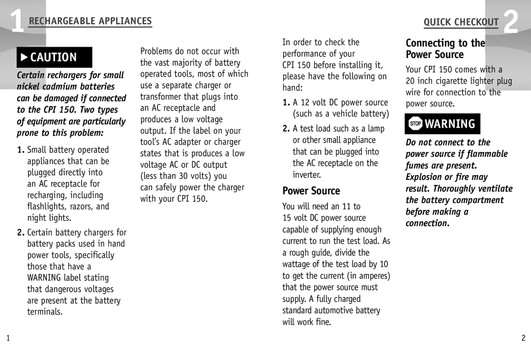 Cobra Electronics CPI 150 Connecting to Power Source, 1RECHARGEABLE Appliances, You will need an 11 to 
