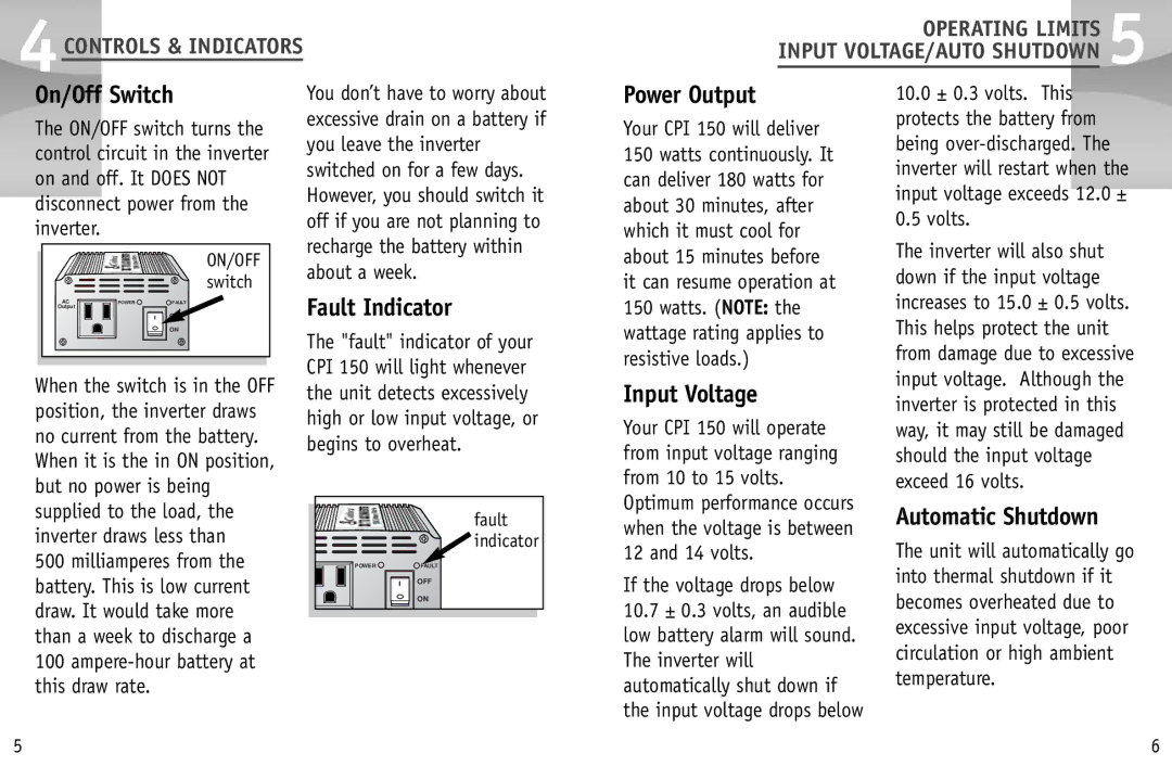 Cobra Electronics CPI 150 On/Off Switch, Fault Indicator, Power Output, Input Voltage, Automatic Shutdown 