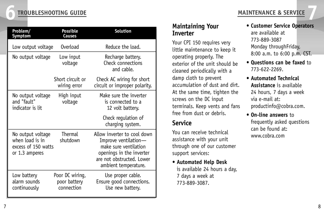 Cobra Electronics CPI 150 operating instructions Maintaining Your Inverter, Service, 6TROUBLESHOOTING Guide 