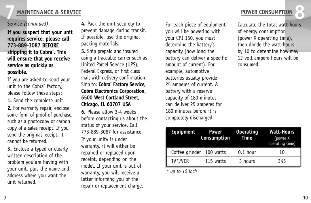 Cobra Electronics CPI 150 Send the complete unit, Pack the unit securely to, If possible, use the original, Unit returned 