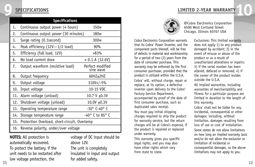 Cobra Electronics CPI 150 operating instructions Specifications, Limited 2-YEAR WARRANTY10 