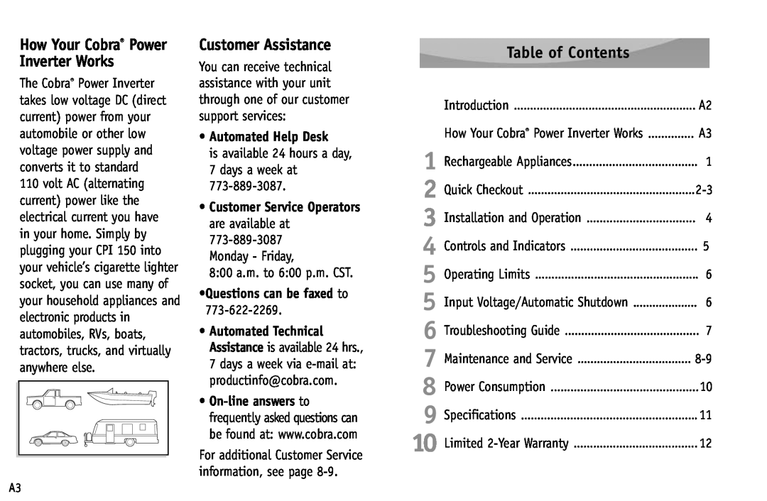 Cobra Electronics CPI 150 Inverter Works, Customer Assistance, Table of Contents, How Your Cobra Power 