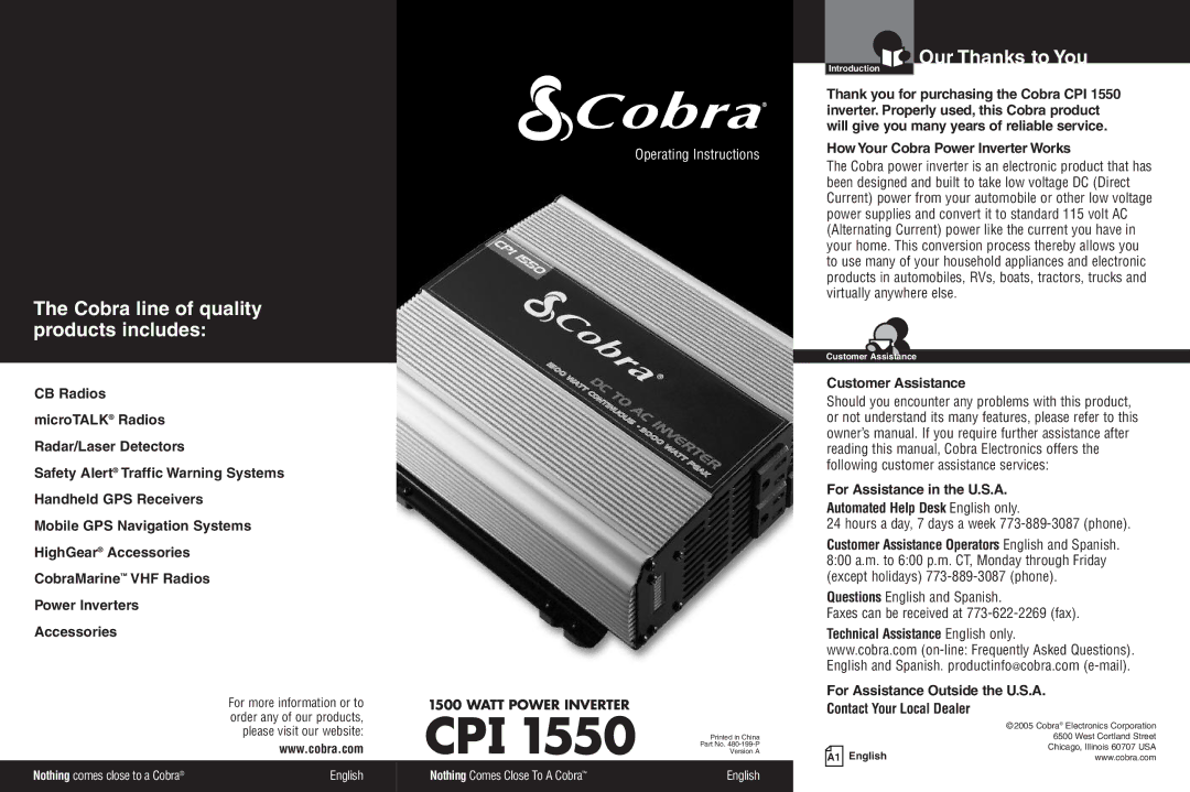 Cobra Electronics CPI 1550 warranty Cobra line of quality products includes, Our Thanks to You 