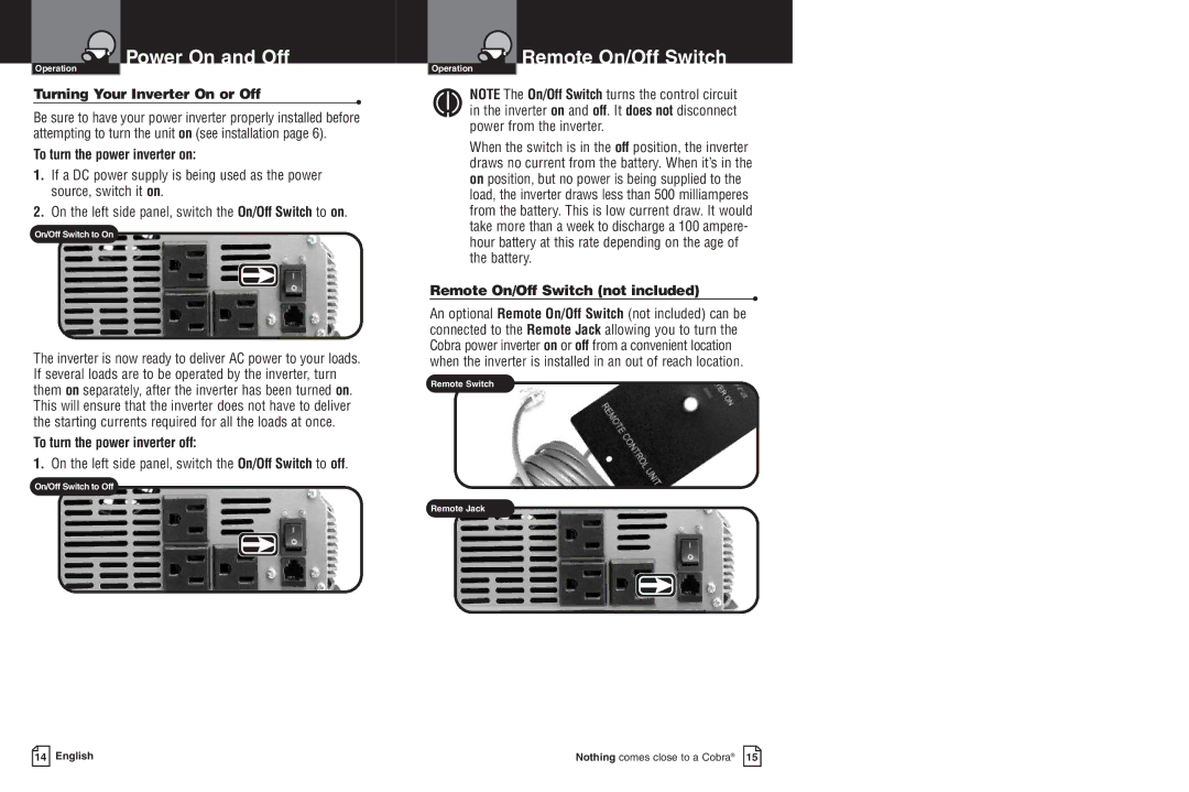 Cobra Electronics CPI 1550 warranty Remote On/Off Switch, On/Off Switch to on On/Off Switch to off 