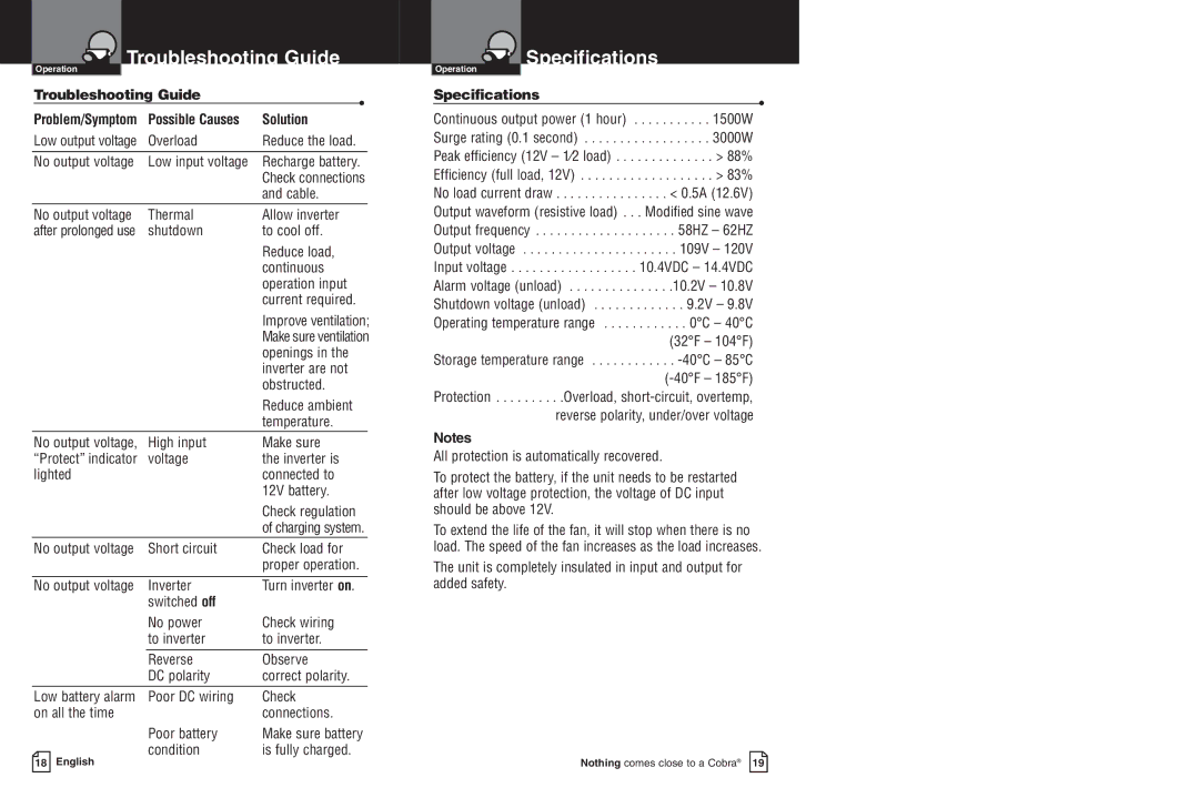 Cobra Electronics CPI 1550 warranty Troubleshooting Guide, Specifications, Solution 