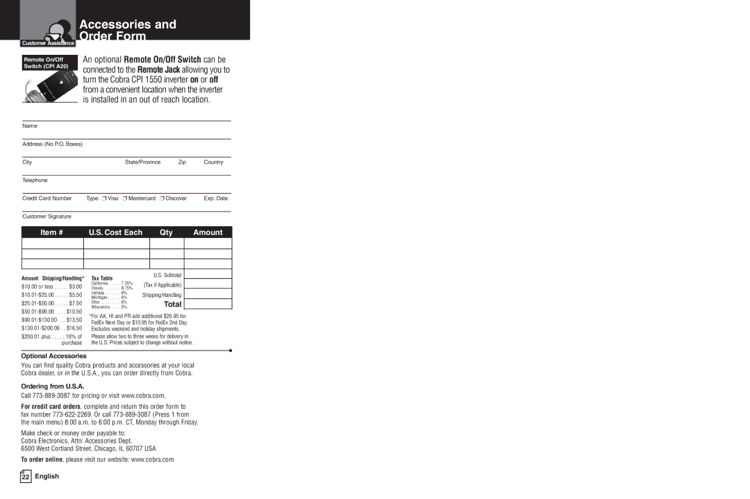 Cobra Electronics CPI 1550 warranty Accessories Order Form, Qty Amount 