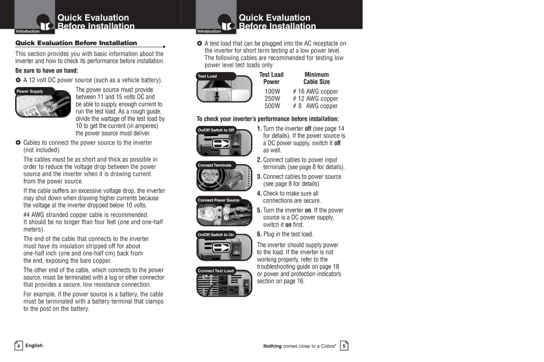 Cobra Electronics CPI 1550 Quick Evaluation Before Installation, ≤ a 12 volt DC power source such as a vehicle battery 