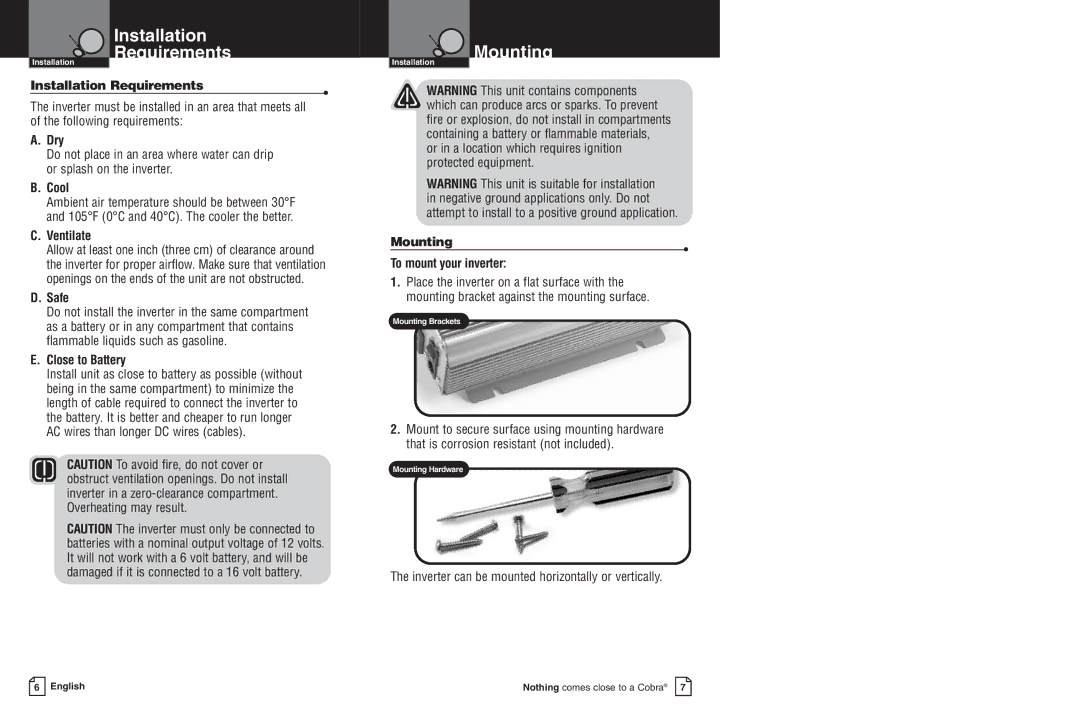 Cobra Electronics CPI 1550 warranty Installation Requirements, Mounting 