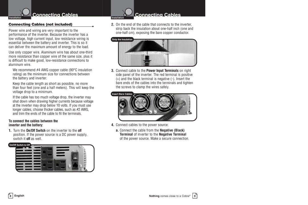 Cobra Electronics CPI 1550 warranty Connecting Cables not included, Connect cables to the power source 