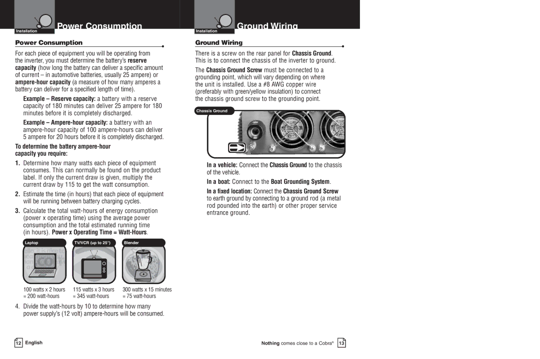 Cobra Electronics CPI 1550 warranty Power Consumption, Ground Wiring 