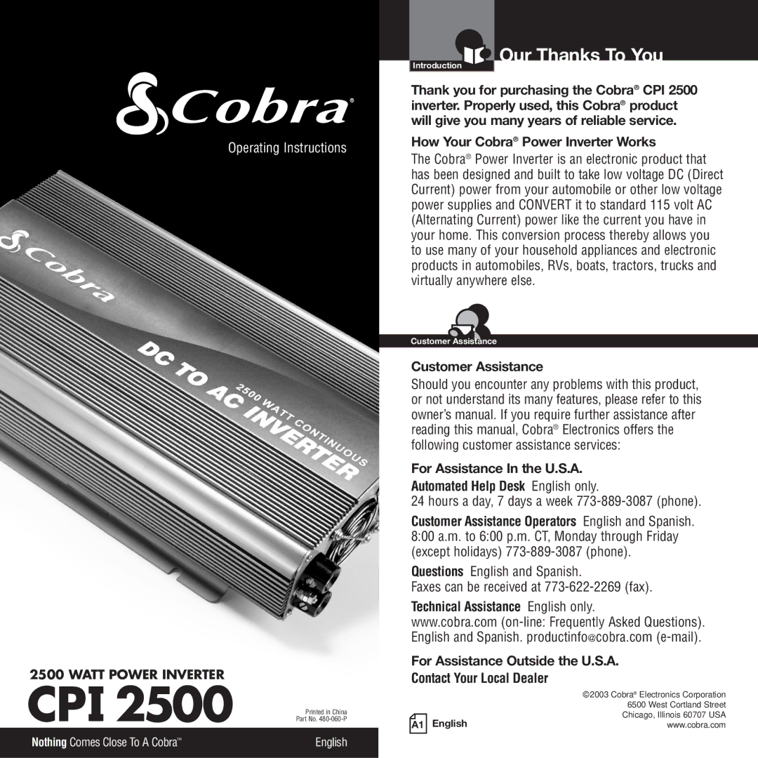 Cobra Electronics CPI-2500 owner manual Our Thanks To You, Hours a day, 7 days a week 773-889-3087 phone 