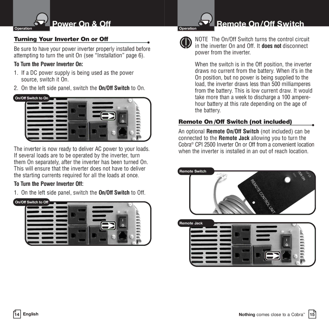 Cobra Electronics CPI-2500 owner manual Remote On/Off Switch, On/Off Switch to On On/Off Switch to Off 