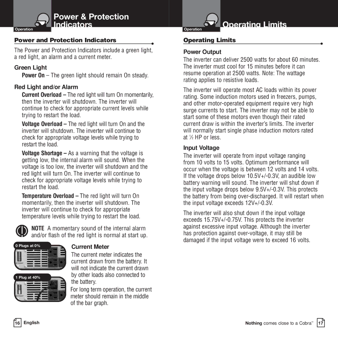 Cobra Electronics CPI-2500 owner manual Operating Limits Power Output, Input Voltage 