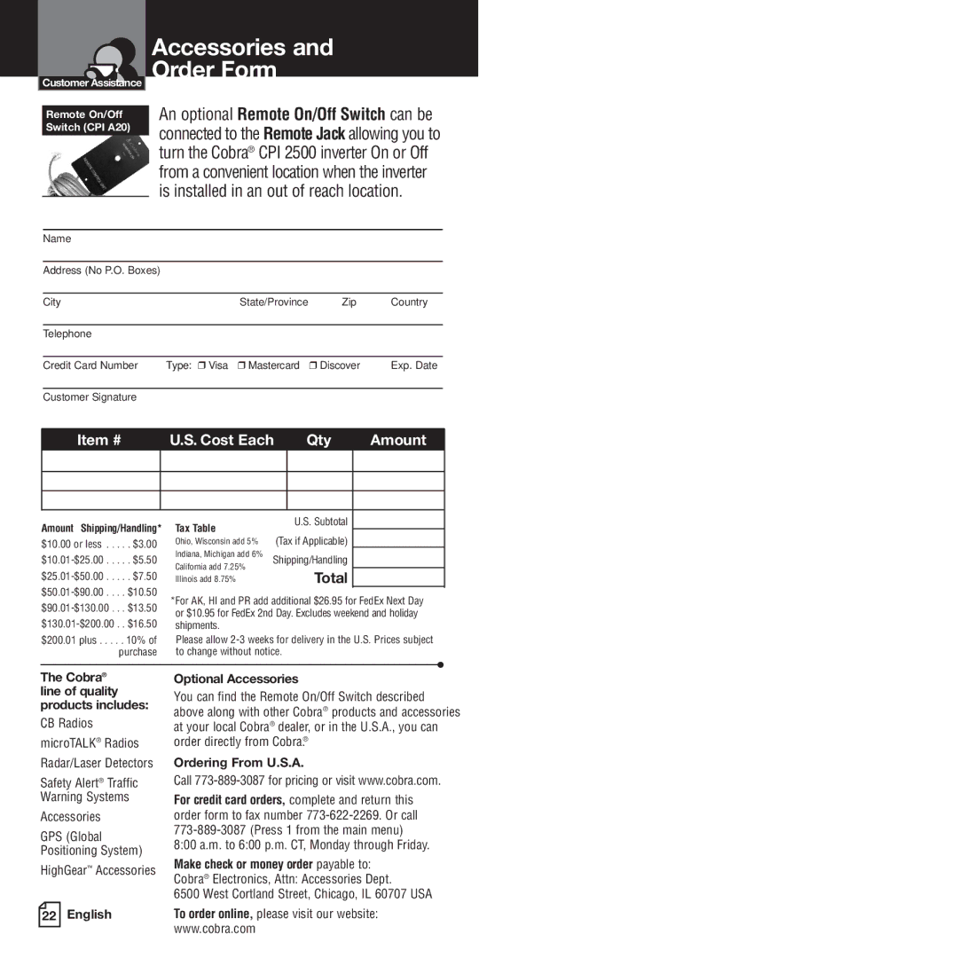 Cobra Electronics CPI-2500 owner manual Accessories Order Form, Item # Cost Each Qty Amount 