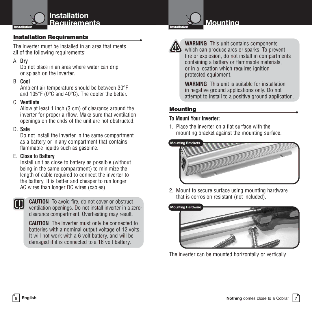 Cobra Electronics CPI-2500 owner manual Installation Requirements, Mounting 