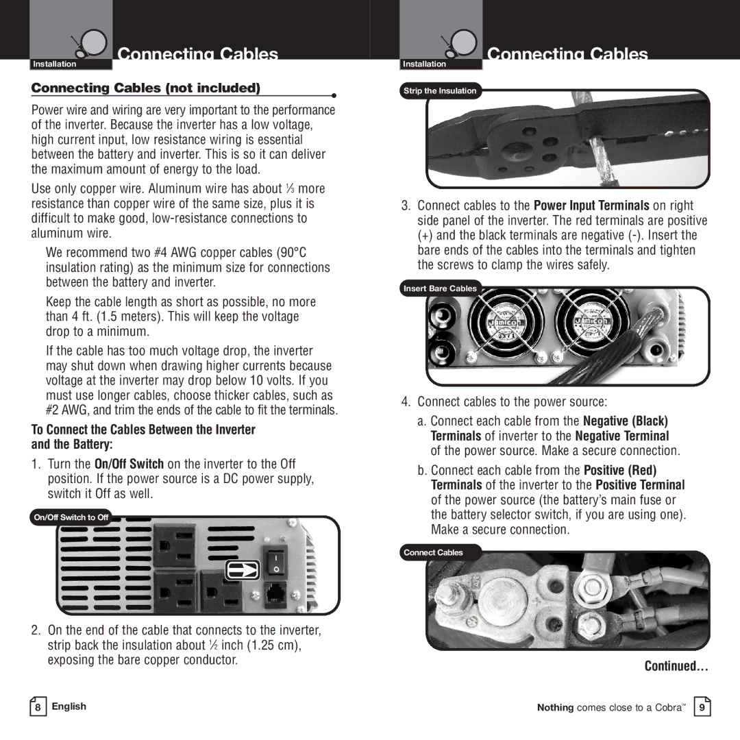 Cobra Electronics CPI-2500 owner manual Connecting Cables, Connect cables to the power source 