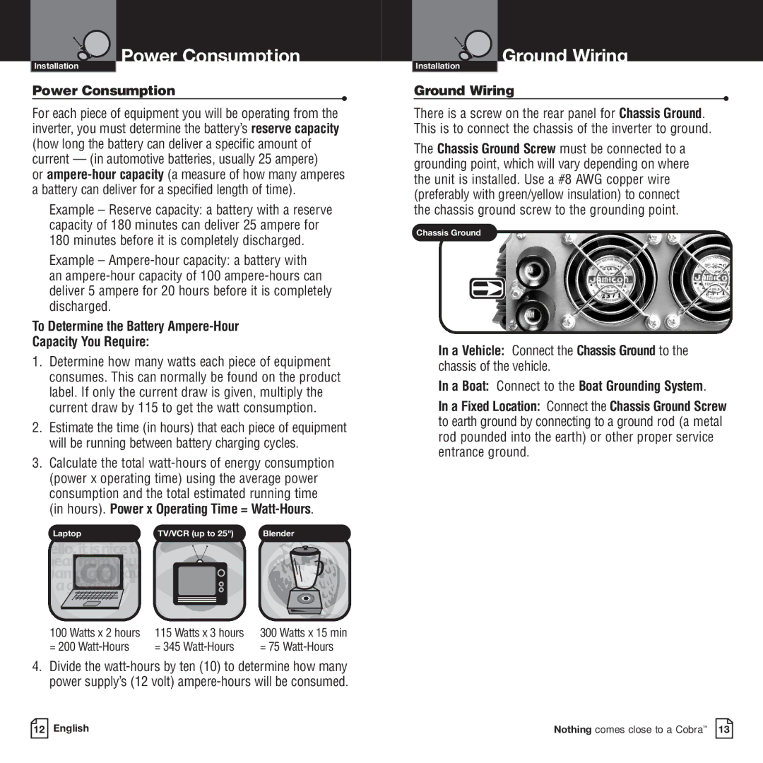 Cobra Electronics CPI-2500 Power Consumption, Ground Wiring, To Determine the Battery Ampere-Hour Capacity You Require 