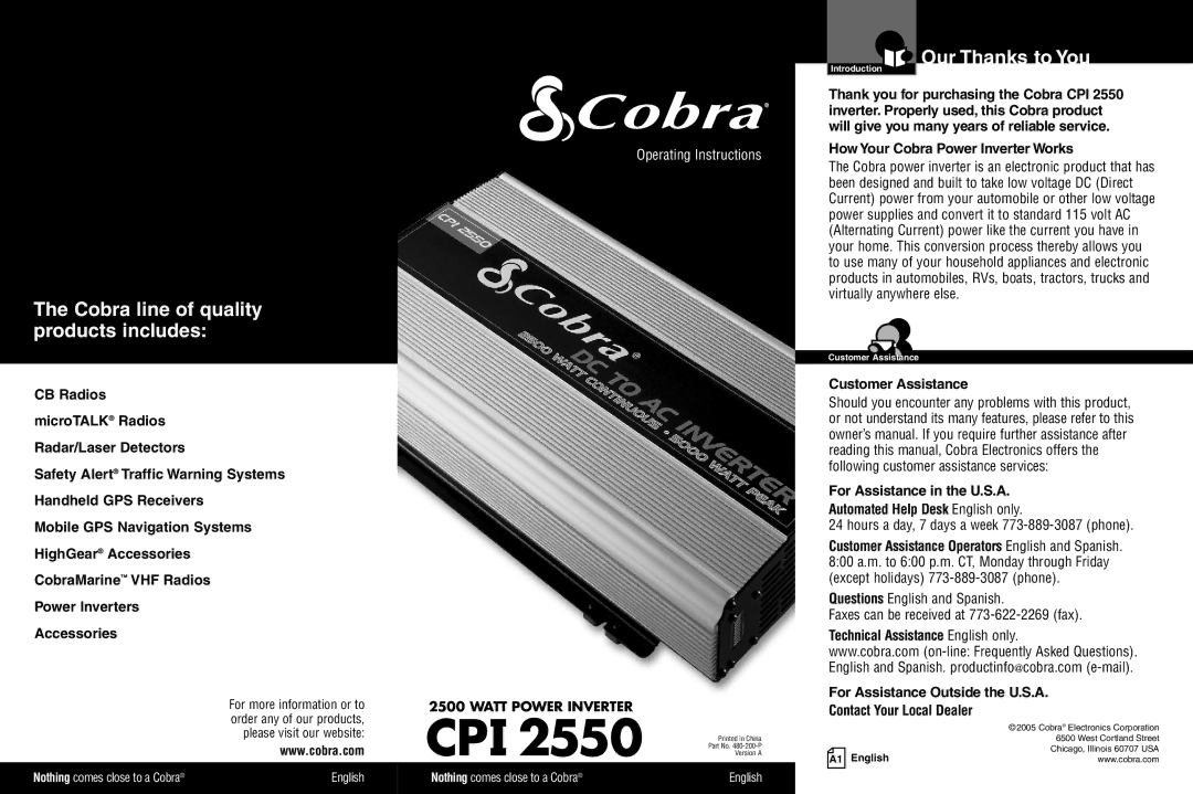 Cobra Electronics CPI 2550 owner manual Cobra line of quality products includes, Our Thanks to You 