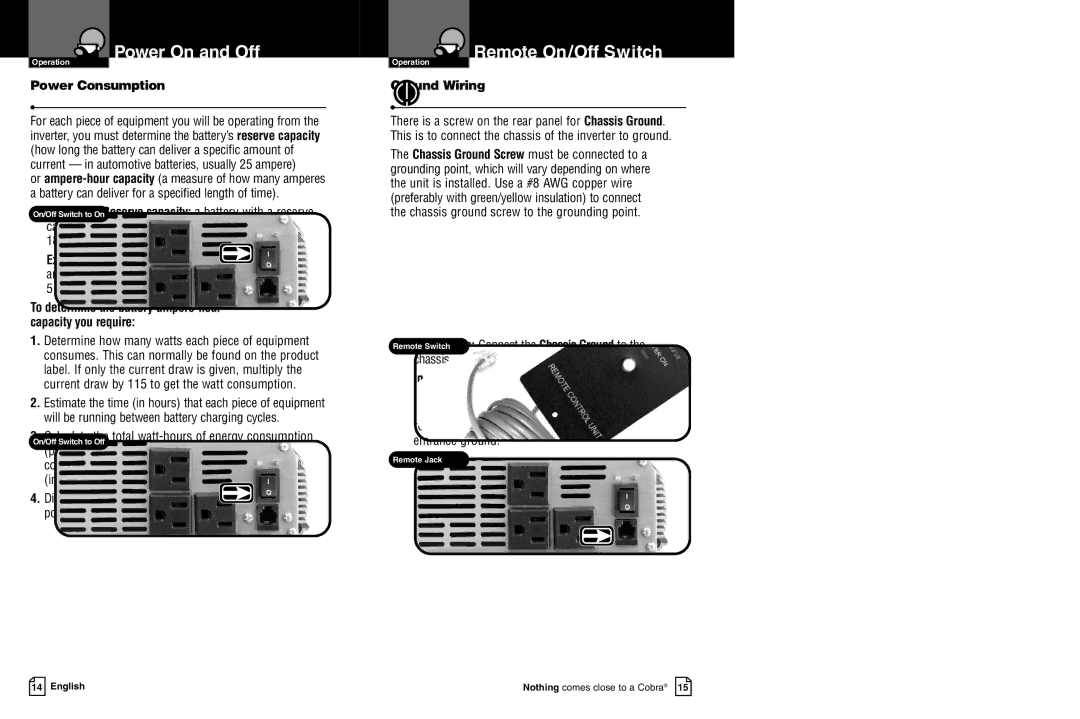 Cobra Electronics CPI 2550 owner manual Power On and Off, Remote On/Off Switch, Power Consumption, GroundWiring 