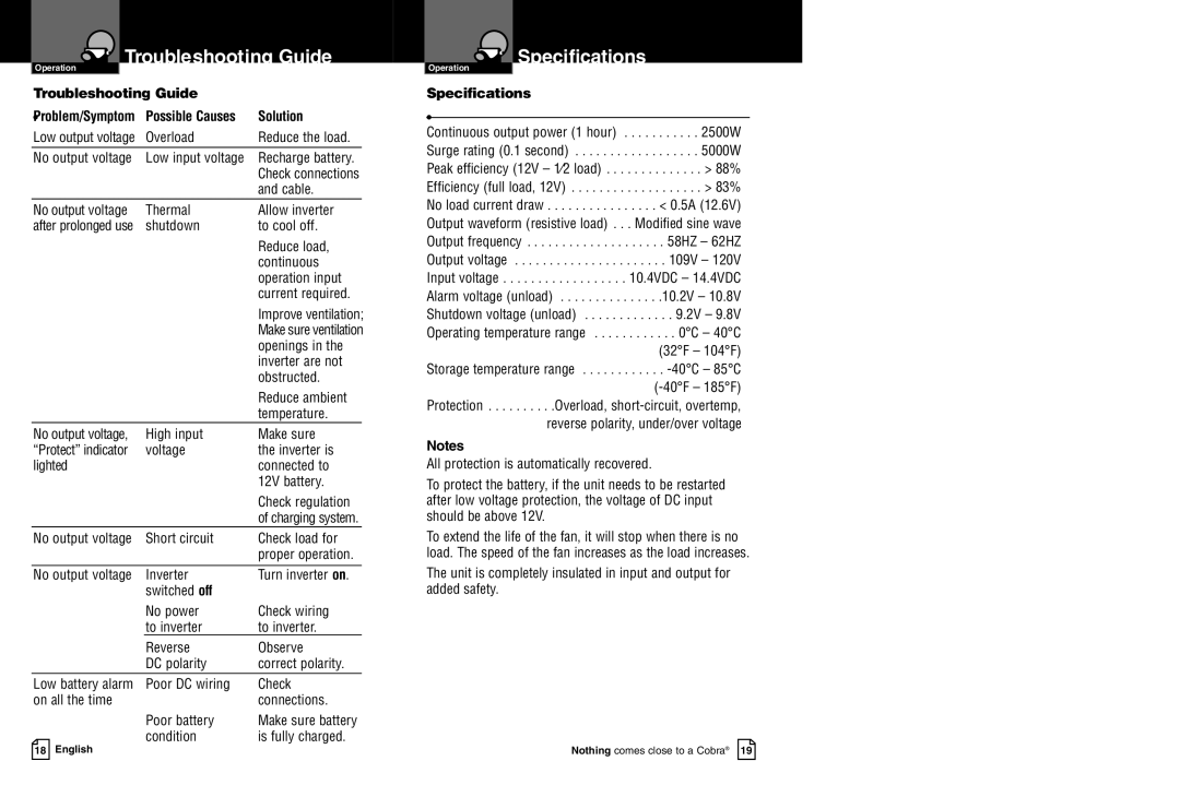 Cobra Electronics CPI 2550 owner manual Troubleshooting Guide, Specifications, TroubleshootingGuide, Solution 