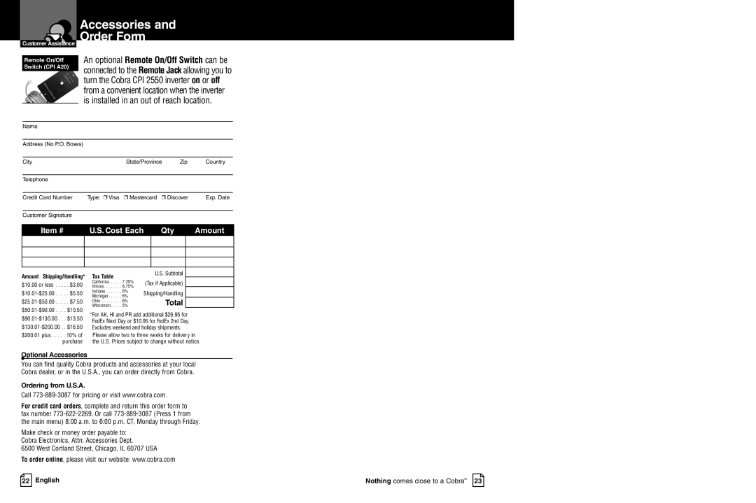 Cobra Electronics CPI 2550 owner manual Accessories Order Form, Total 