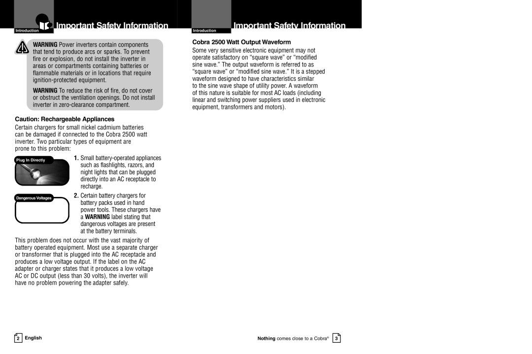 Cobra Electronics CPI 2550 owner manual Cobra 2500Watt OutputWaveform 