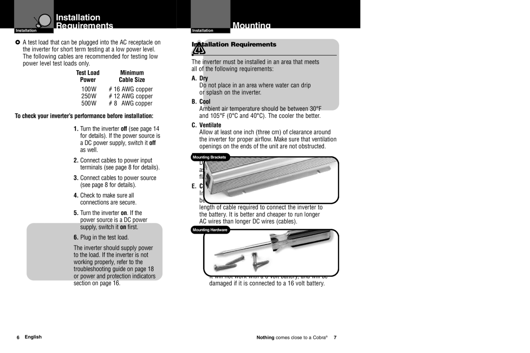 Cobra Electronics CPI 2550 owner manual Installation Requirements, Mounting 