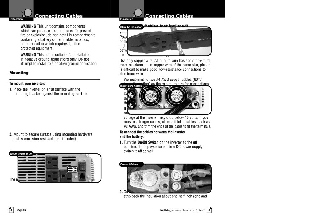 Cobra Electronics CPI 2550 owner manual Connecting Cables, Mounting To mount your inverter 