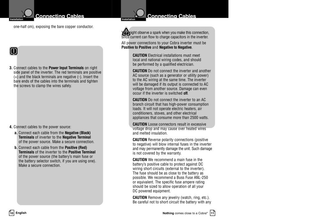 Cobra Electronics CPI 2550 owner manual One-half cm, exposing the bare copper conductor, Connect cables to the power source 