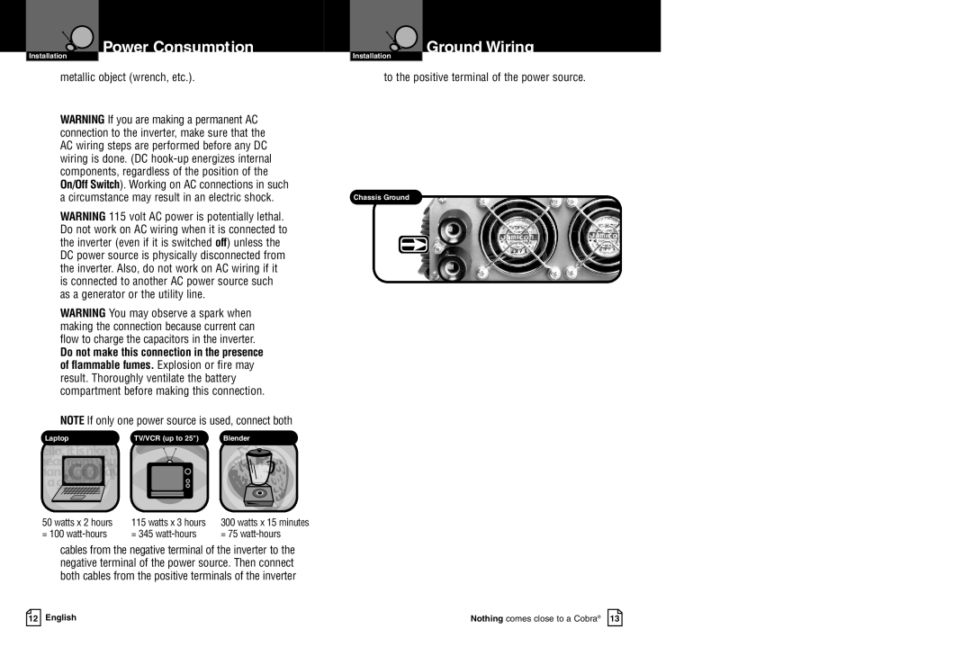 Cobra Electronics CPI 2550 owner manual Power Consumption, Ground Wiring, Metallic object wrench, etc 