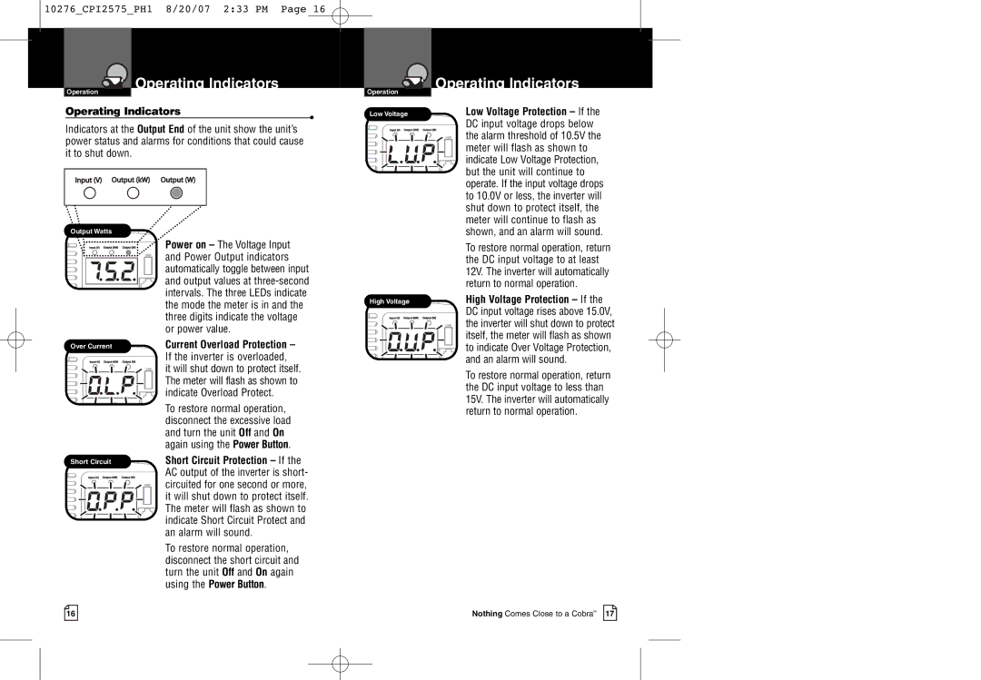 Cobra Electronics CPI 2575 warranty Operating Indicators, Using the Power Button, Low Voltage Low Voltage Protection If 