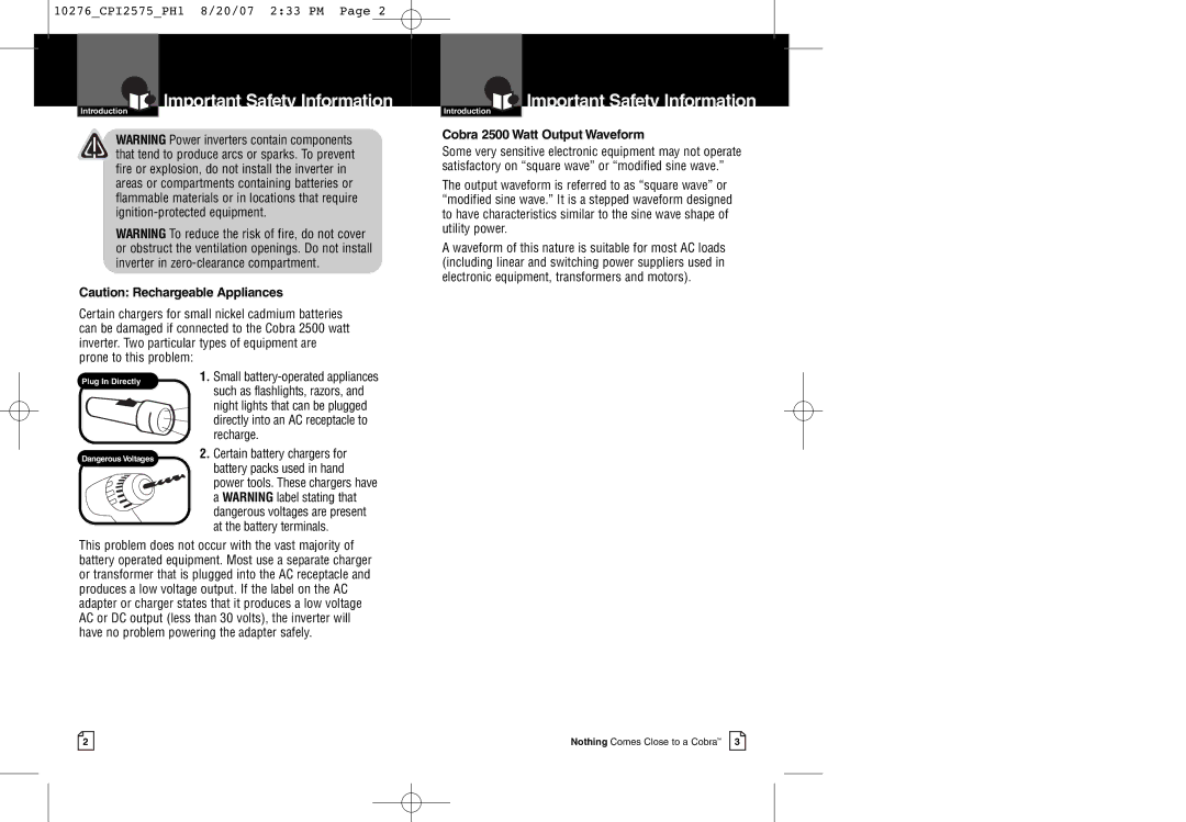 Cobra Electronics CPI 2575 warranty Cobra 2500 Watt Output Waveform 