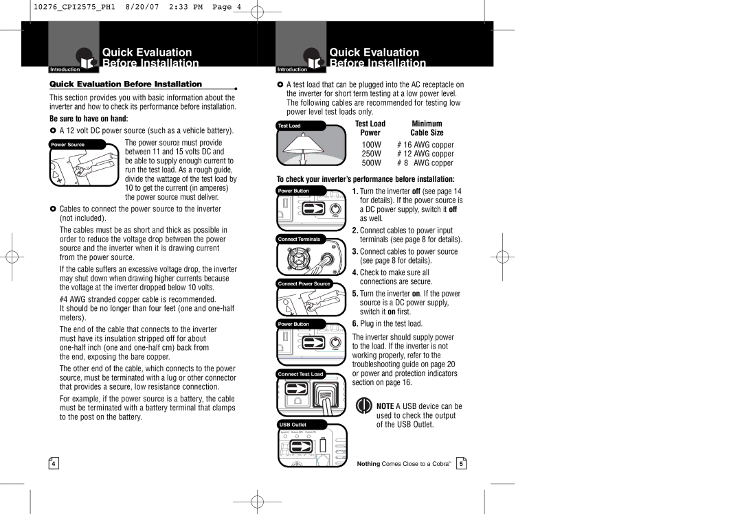 Cobra Electronics CPI 2575 warranty Quick Evaluation Before Installation, 100W, 250W, 500W 