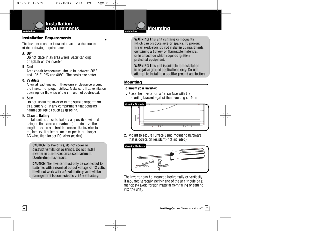 Cobra Electronics CPI 2575 warranty Installation Requirements, Mounting 