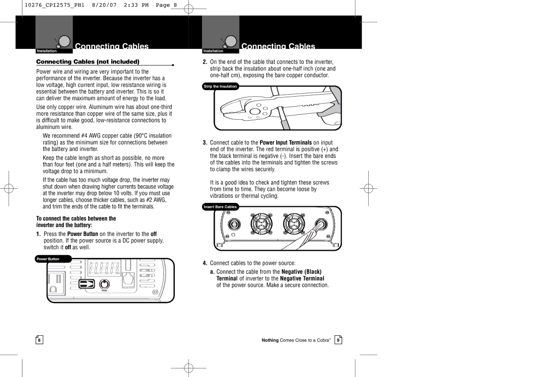 Cobra Electronics CPI 2575 warranty Connecting Cables not included, Connect cables to the power source 