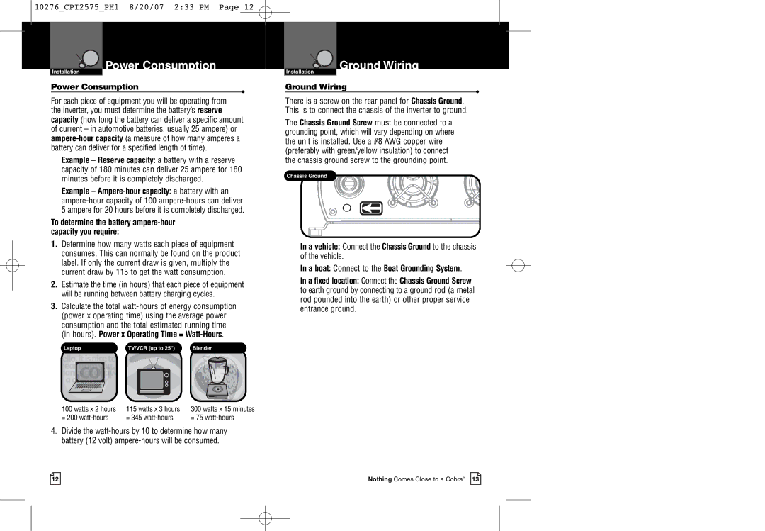 Cobra Electronics CPI 2575 warranty Power Consumption, Ground Wiring 