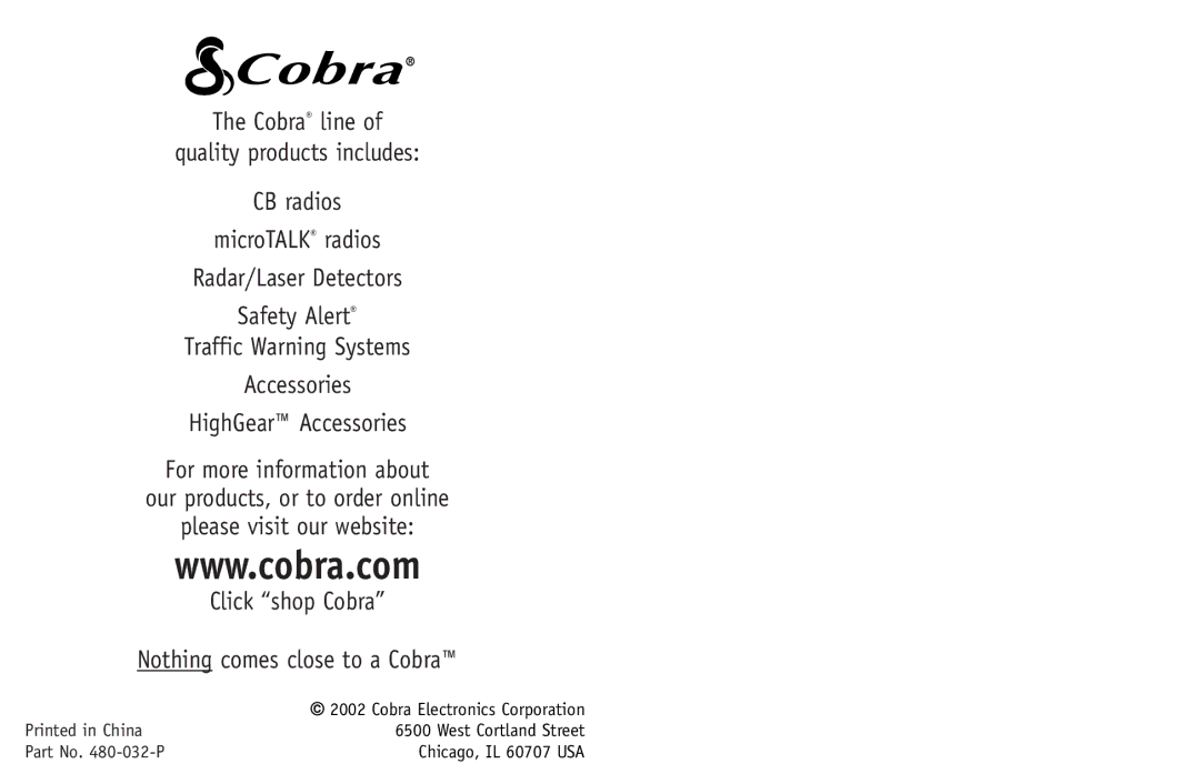 Cobra Electronics CPI 300 manual West Cortland Street 