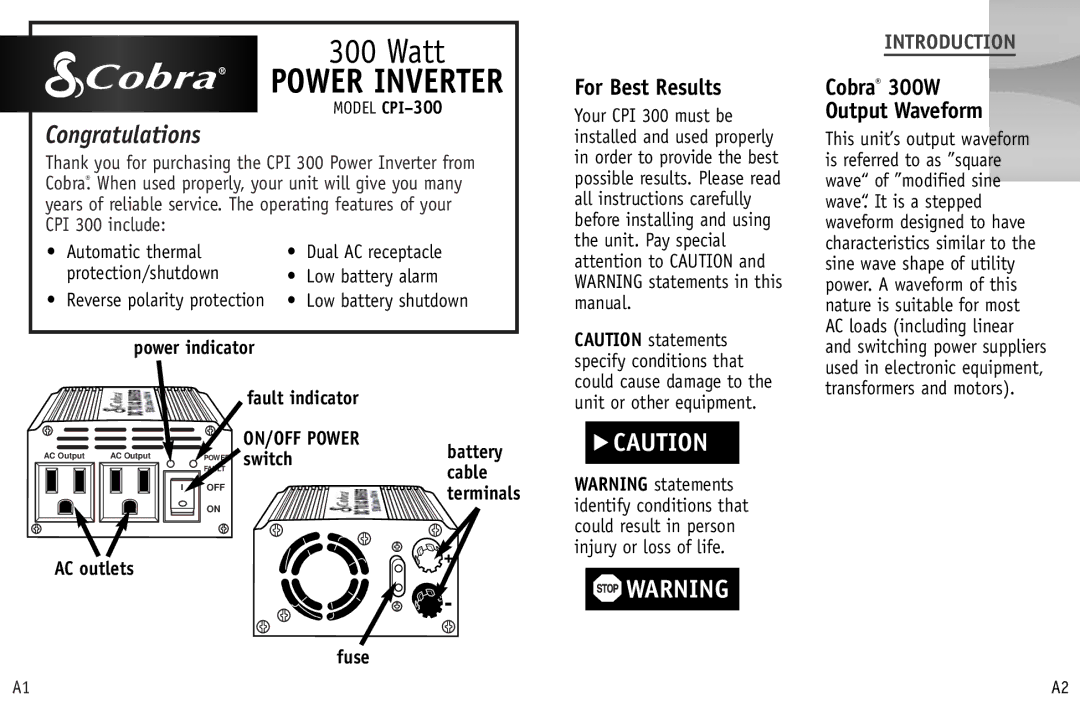 Cobra Electronics CPI 300 manual For Best Results, Cobra 300W Output Waveform, Introduction 