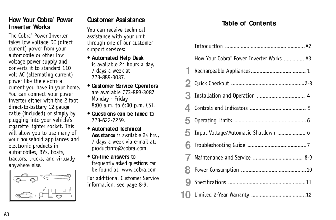 Cobra Electronics CPI 300 manual Inverter Works, Customer Assistance, Table of Contents 