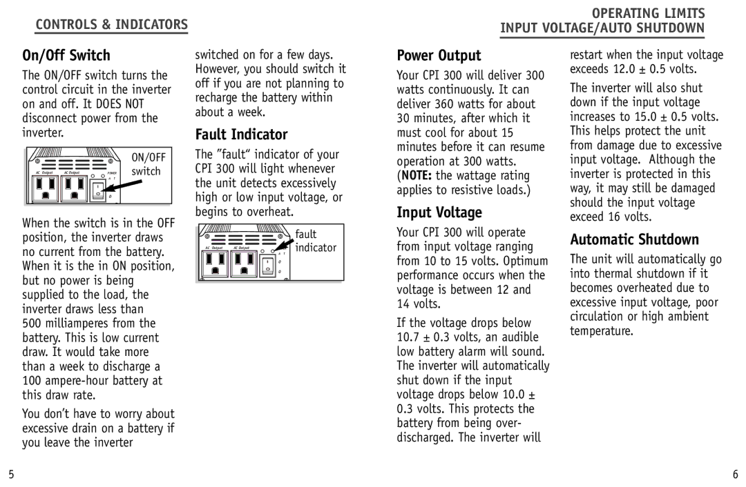 Cobra Electronics CPI 300 manual On/Off Switch, Fault Indicator, Power Output, Input Voltage, Automatic Shutdown 