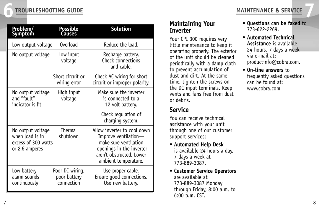 Cobra Electronics CPI 300 manual Maintaining Your, Inverter, Service, 6TROUBLESHOOTING Guide 